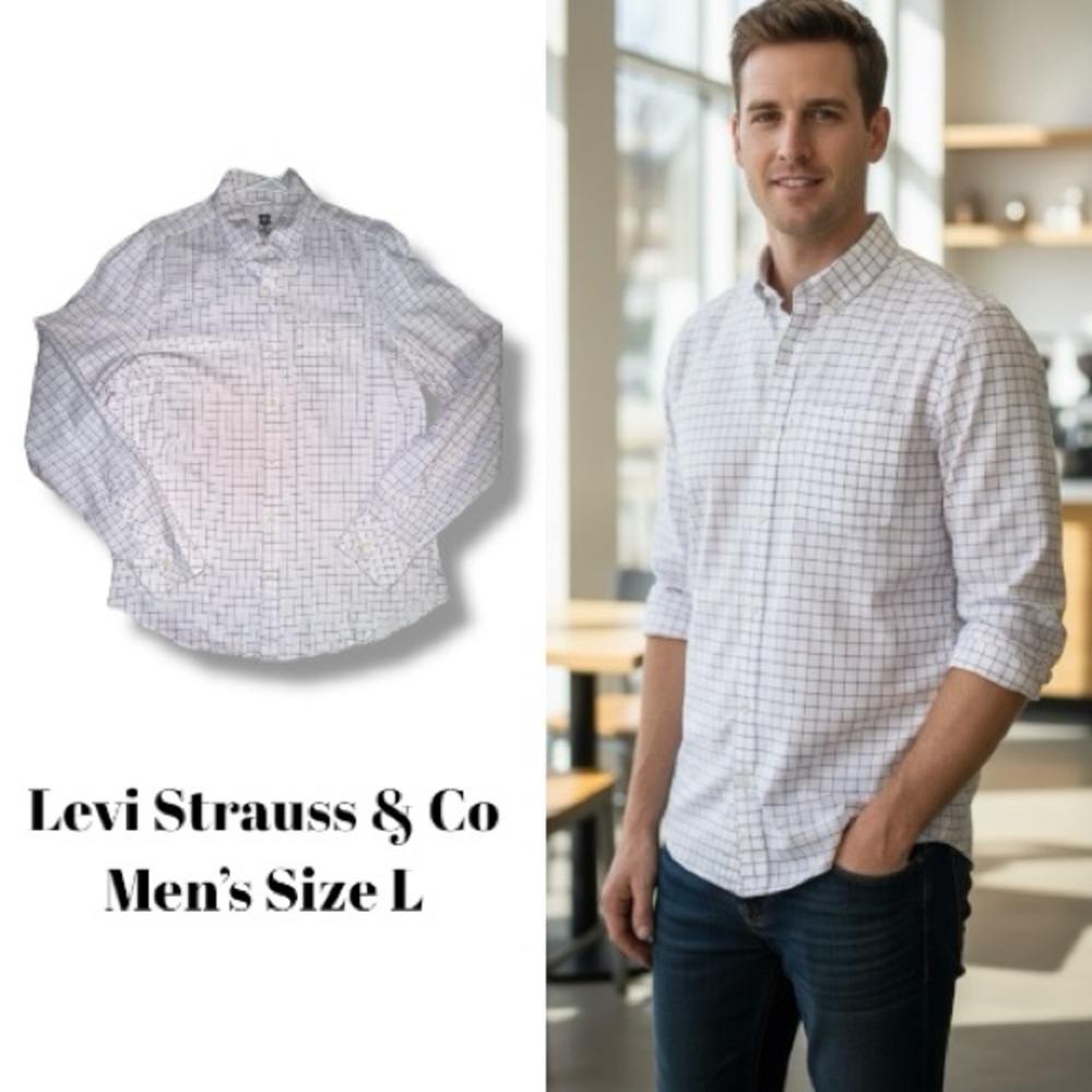 Levi's Shirt 100 Cotton Check Button-Down White Red & Subtle Blue Men’s Size L